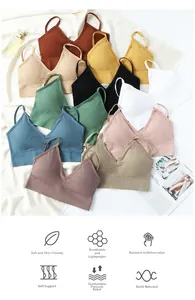 Flat lay of seamless V-neck bralettes in ten colors with soft breathable fabric texture