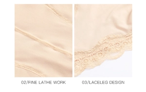 Detail of high-waisted shapewear showing fine lathe work and floral lace leg design