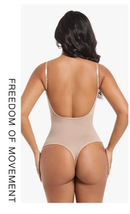 Detail view of nude backless bodysuit with thin straps and seamless thong design