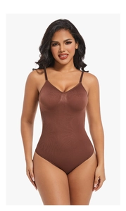 Detailed close-up of brown high-elastic seamless shapewear with thin straps and V-neckline