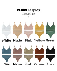 Color display of seamless French style ribbed bra and panty sets in ten vibrant shades