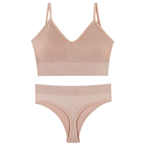 Wireless seamless rib-knit bra and panty set in dusty rose for a comfortable fit