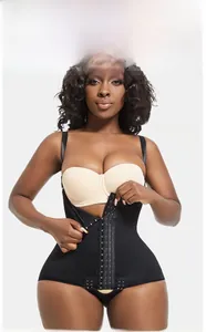 Detail view of black full body shaper with multi-row hook closure for tummy control