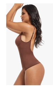 Detailed side view of brown high-stretch bodysuit with thin straps and open back design