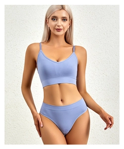 Detail of light blue ribbed seamless lingerie set with V-neck top and high-waist briefs