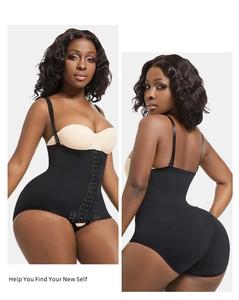 Close-up of black shapewear bodysuit featuring front hook-and-eye closure and adjustable straps