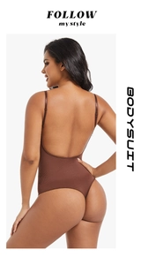 Deep coffee backless bodysuit with thong cut and adjustable straps for women