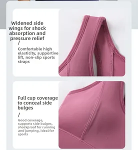 Detail of mauve wireless bra featuring wide side wings and shock-absorbing wide straps
