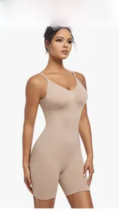 Front view of seamless nude bodysuit shapewear with adjustable straps on studio model