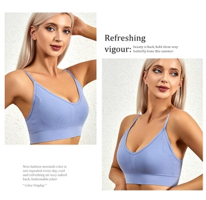 Detail view of Morandi lavender ribbed bra set featuring a deep U-back and slim straps