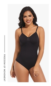 Women's black bodysuit with deep V-neck and spaghetti straps for freedom of movement