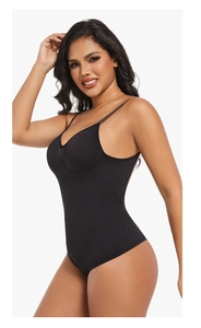 Detail of black thong bodysuit featuring slim straps and a deep V-neckline design