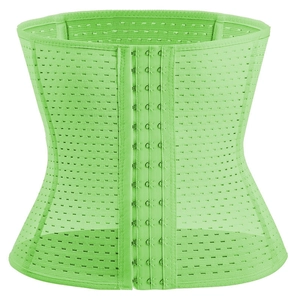 Light green waist trainer with 6-row hook closure and breathable mesh fabric