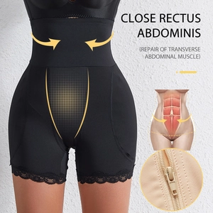 High-waisted tummy control shapewear with lace trim and zipper closure in black