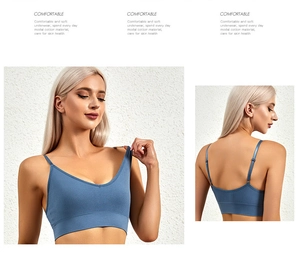 Detail of blue seamless modal cotton bra featuring ribbed texture and slim straps