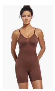 Front view of seamless slimming bodysuit in dark brown with adjustable straps