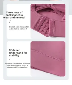 Detail of wireless bra featuring three-row hook closure and supportive wide underband