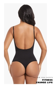 Rear view of black backless bodysuit featuring thin straps and thong cut for shaping