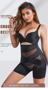 Détail de gaine amincissante noire taille haute avec bandes abdominales croisées et mesh