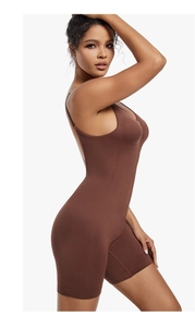 Side view of brown high-elasticity bodysuit showing body shaping and lifting effect