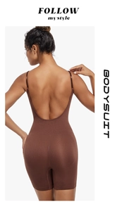 Detail of dark brown open-back bodysuit with thin straps and slimming mid-thigh cut