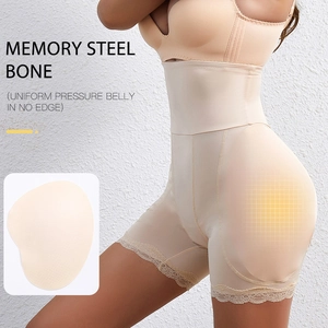 High waist body shaper shorts with memory steel bones and lace trim for tummy control