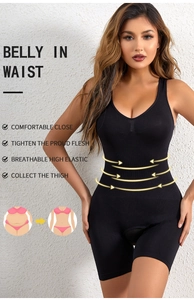 Close-up of black shapewear bodysuit showing breathable mesh and tummy control panels