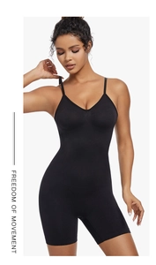 Close-up of black seamless bodysuit with adjustable spaghetti straps and V-neck design