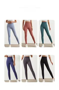 Gedetailleerd overzicht van zes kleuren naadloze yoga-leggings met hoge tailleband