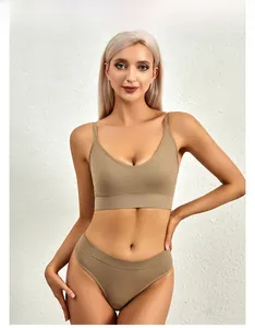 Detail of seamless ribbed lingerie set in khaki featuring V-neck bra and high waist panties
