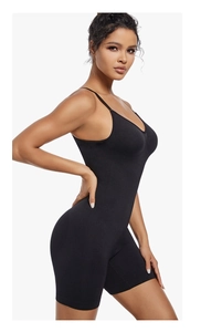 Side view of seamless black shapewear bodysuit showing slimming and butt lifting effect