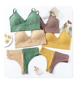 Detail of V-neck ribbed seamless lingerie sets in various earthy colors with soft texture