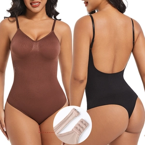 Women Seamless Shapewear Bodysuit Deep V Neck Backless Tummy Control Thong Shaper Smooth Body Briefs Nylon Underwear