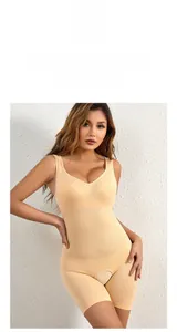 Detail showing seamless sculpting bodysuit with wide shoulder straps in beige