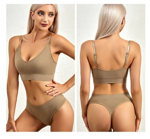 Detailed view of khaki ribbed lingerie set featuring a deep V-neck and seamless thong