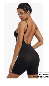 Detailed back view of black shapewear bodysuit showing open back design and adjustable straps