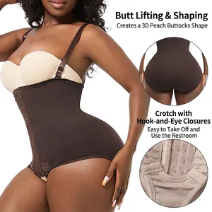 Dark brown high waist bodysuit shapewear with tummy control hooks and butt lifting effect