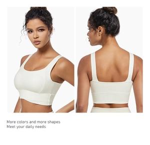 Detail of high-elastic sports bra featuring wide straps and backless U-neck design