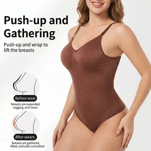 Plus size brown bodysuit shapewear with adjustable straps and push-up lifting design