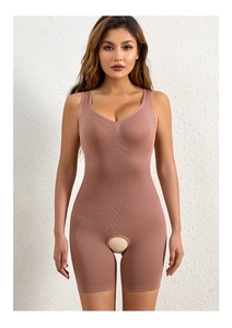 Detailed front view of high-elasticity bodysuit showing tummy control texture and wide straps