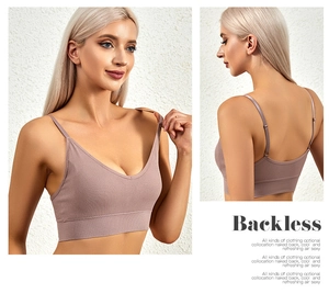 Detailed backless view of light purple seamless ribbed cotton wireless bra with thin straps