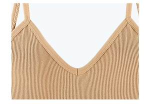 Detailed close-up of ribbed knit camisole in camel with V-neck and thin shoulder straps