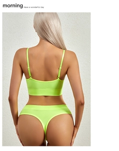 Detail of neon yellow ribbed seamless lingerie set showing the racerback and texture