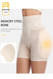 Detail view of high waist body shaper shorts with memory steel bones and lace trim