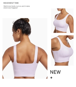 Detail view of seamless lilac sports bra featuring wide straps and U-shaped back design