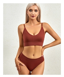 Detail of seamless ribbed brick red lingerie set with V-neck bra and matching briefs