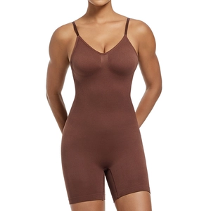Women's seamless bodysuit shapewear in espresso brown with thin straps and V-neckline