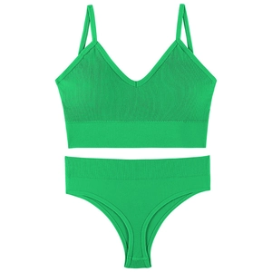 Green rib-knit wireless bralette set with V-neck camisole and matching briefs
