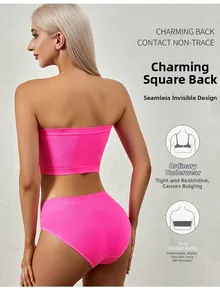 Detail of seamless ribbed pink lingerie set showing square back design on a model