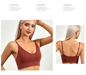 Detailed front and back view of seamless ribbed modal cotton bra in rust red